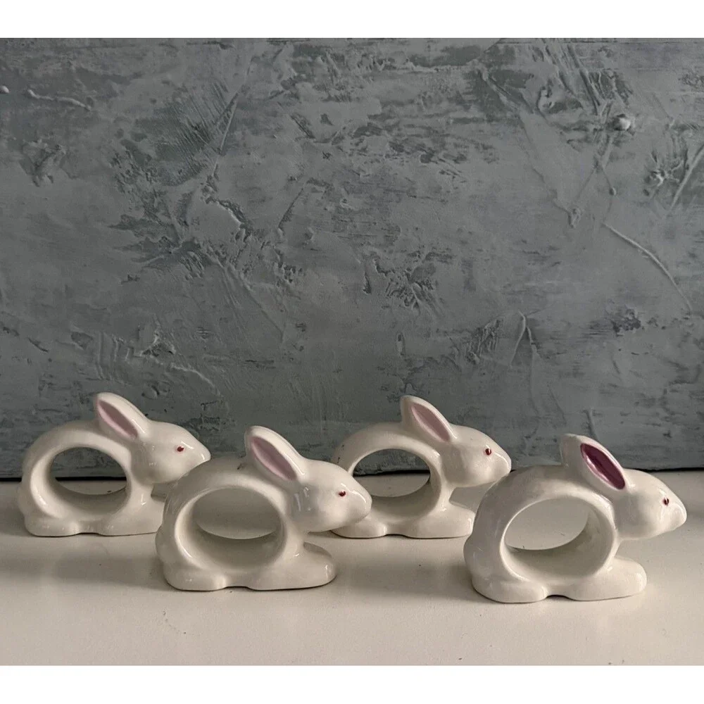 Vintage Japan White Bunny Rabbit Napkin Rings Ceramic Porcelain Easter Set Of 4